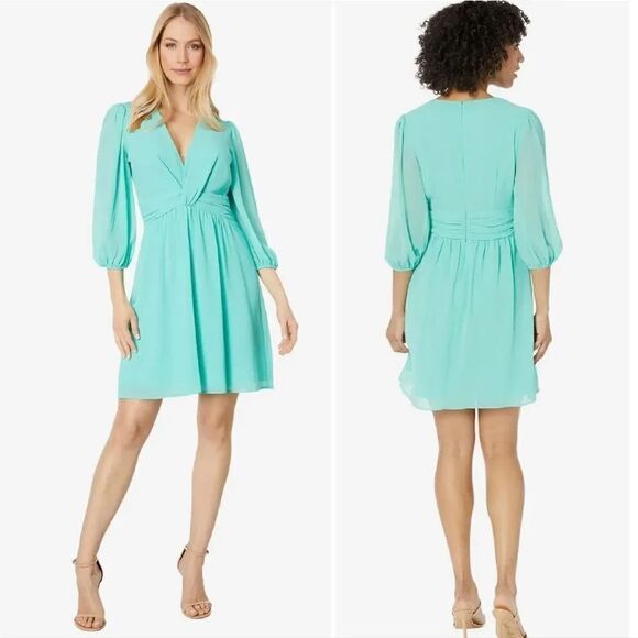 Vince Camuto Turquoise Chiffon Twist Front Balloon Sleeve Dress Size 4 NWT - Picture 1 of 12